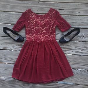 B. Darlin Lace Maroon/Nude Skater Dress
